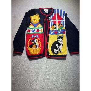 Alexandra Bartlett Womens Blue Multi Embroidered Long Sleeves Cat Sweater Size L